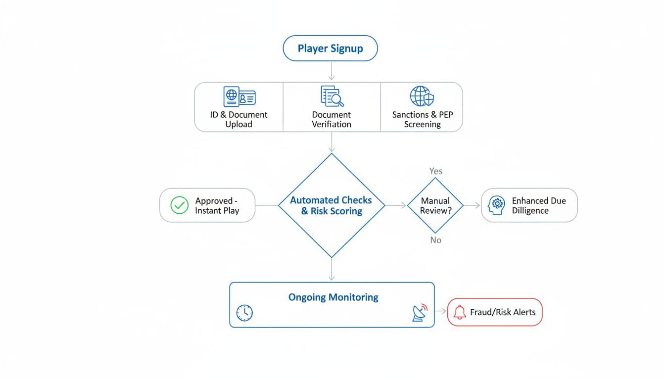 How To Audit Your iGaming KYC Workflow Before A Regulator Inspection 3 Simple step-by-step flowchart depicting the iGaming KYC process from player signup to verification and ongoing monitoring, featuring icons for ID, documents, sanctions screening, and alerts